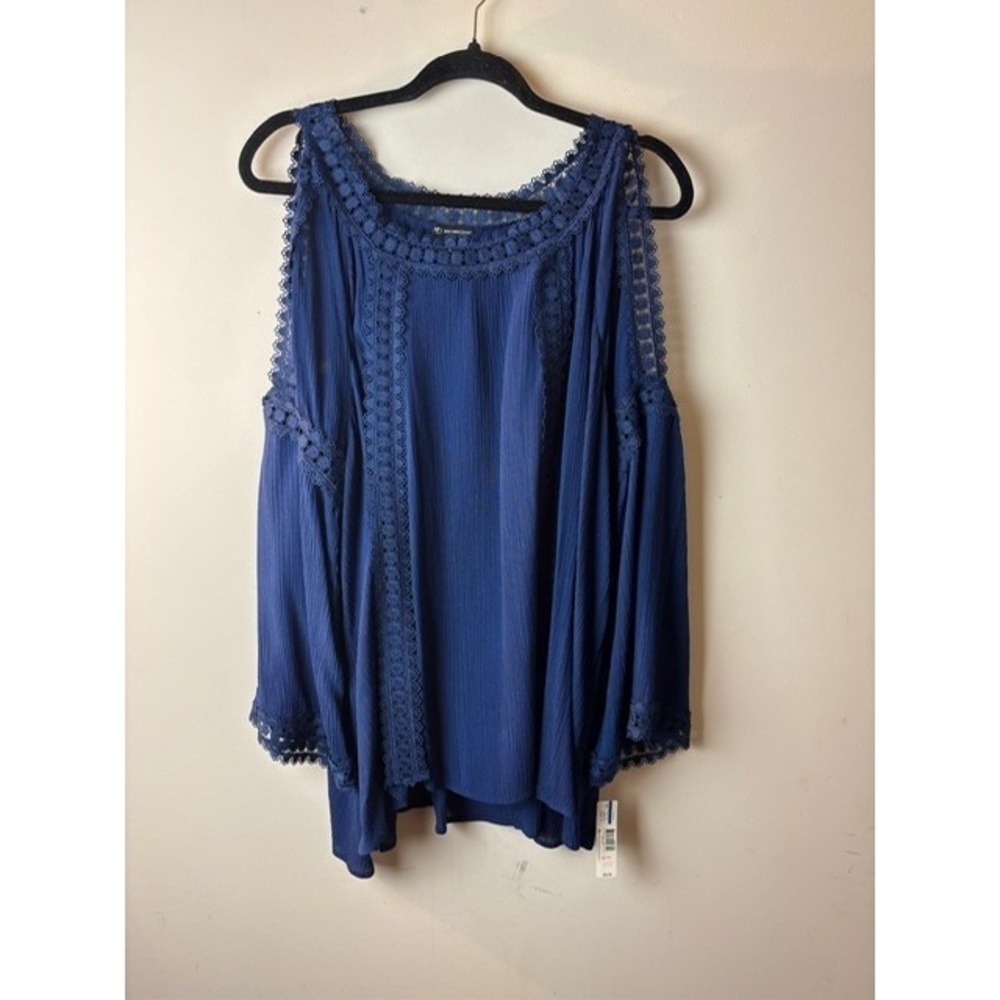 New Womens XL Cold-Shoulder Peasant Blouse Navy Woven Polished Eyelet Boho - Picture 1 of 7